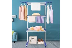 Innotic Clothes Drying Rack Folding Clothes Rail 4 Tier Clothes Horses Rack Stainless Steel Laundry Garment Dryer Stand with Two Side Wings, Blue + Grey