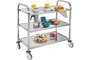 ybaymy 3 Large Stainless Steel Trolley 950 x 500 x 950mm Kitchen IslandUtility Cart Catering Storage Cart with Locking Wheels for Hotels Restaurant Home Use 150kg Capacity