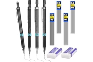 Tikplus Druckbleistift 0,3/0,5/0,7/0.9 mm, 4 Tuben (48 Stück) Bleistiftmine HB Mienenbleistift und 2 Stück Radiergummi, Mechanical Pencil für Skizzieren Zeichnen Schreiben und Hausaufgaben (Schwarz)