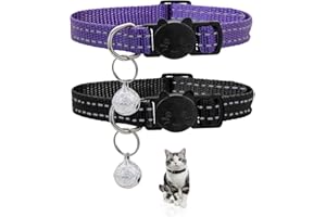 LuckyOpt Collar para gatos, 2 unidades, collar reflectante para gatos con cierre rápido seguro y hebilla Breakaway y campana, collar ajustable de 22-35 cm para gatos y perros (morado + negro)