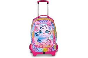 SJ GANG STYLE JAM GANG Trolley Scuola Jack 3 Ruote Cat&Air, Fucsia, 3 in 1, Zaino Triplo Uso con Carrello Sganciabile, 33 L, Zaino Scuola Elementare, Zaino Bambina