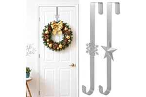 lohey 2 Pack Christmas Wreath Hanger for Front Door - 15in Metal Snowflake & Star Over Door Hooks, Space-Saving Storage Door Hanger for Wreath, Coats, Hats & Christmas Decorations
