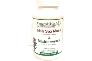 EMERALD ISLE ORGANIC IRISH SEAWEED Irish Sea Moss & Bladderwrack Capsules Tablets 500 mg 90 Capsules Certified Organic Harvested in North Atlantic Coast of Ireland