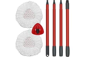 DLAIMI Mop Combo Set 2 PCS Mop Head Replacement Microfiber+1 PC Red Spin Mop Head Base+1PC 4-Section Mop Handle Compatible with Vileda Turbo 3-in-1 Spin Mop Refill Mop Head