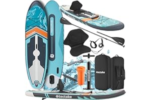tectake® SUP Gonfiabile, Tavola Stand-Up Paddle Versatile, Materiale Drop-Stitch, 3 Pinne con Pinna Removibile, Pagaia in Alluminio Regolabile, Antiscivolo in Schiuma EVA - Turchese/Nero