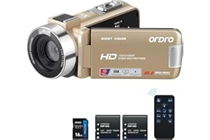ORDRO Caméscope B320 1080P avec Carte 16 Go, Zoom numérique 18x, Vision Nocturne, écran HD Rotatif à 270°, caméra Full HD 1080p 30 MP, 2 Batteries Doré​