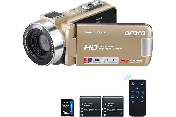 ORDRO Caméscope B320 1080P avec Carte 16 Go, Zoom numérique 18x, Vision Nocturne, écran HD Rotatif à 270°, caméra Full HD 1080p 30 MP, 2 Batteries Doré