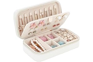 CASIWAFT Jewellery Box Organiser, Mini Velvet Travel Jewelry Case with Zipper for Rings Earrings Necklace Bracelets, Small Portable Travel Jewellery Organiser Storage Case for Girls Women, Beige
