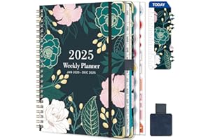 Gumiho Agenda Semainier 2025 Spirale - A5 Planner (Janvier-décembre 2025)-Agenda Scolaire Avec boucle de stylo,Règle Signet & Autocollants de plan (Vert foncé)