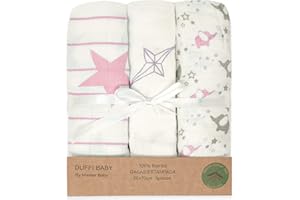 Duffi Baby - Pack 3 Gasas Bebe Bambu Estampadas. Set Tres Gasas para Bebes Rectangulares 55 x 70 cm. Manta Verano Bebe 100% Bambú Suave. Toallas Bebe Recien Nacido. Color Rosa. 0787-06