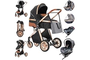 Zkiprm Poussette 4 en 1 avec ISOFIX Base, Poussette Bebe, Poussettes et Landaus, Poussette Compacte Portative de Canne, Pliage D'un Clic, Combinaison de Poussette Paysage Cadre en Aluminium élevé