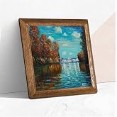 Pinecone Claude Monet Sonbahar Taş Duvar Tablosu - Ahşap &Ccedil;er&ccedil;eveli Taş Tablo - 25x25 cm - Dekoratif Duvar Sanatı - Modern Ev 