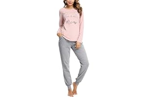 Sykooria Conjunto de Pijama Mujer Algodón de Manga Larga Pijama de Invierno Top y Pantalones Ropa de Dormir Suave para Mujer Pjs Lounge Wear