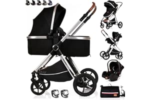 BAYOBAY Baby Buggy Pram Pushchair Stroller 3 in 1 with Car Seat Carrycot Child Lightweight Folding Stroller Travel System Pram for Newborns & Toddlers from Birth (BBA - Black Silver, BBA)