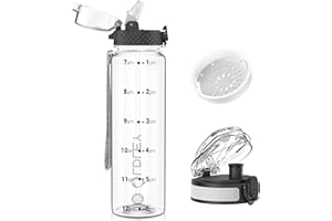 OLDLEY 1L/32oz Sports Water Bottle with 2 Different Lids, 1000ml Motivational Drinks Bottle with Time Markings Leak Proof Drink & Lock Cover, BPA Free for Gym School Cycling Running Hiking