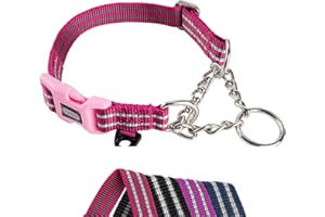 Petiry Half Chain Choke Collar Reflective Nylon Choke Collar with Safety Quick Release Buckle,Escape-proof Anti-pull for Large Dogs Neck 44-56cm(Hotpink,Large)