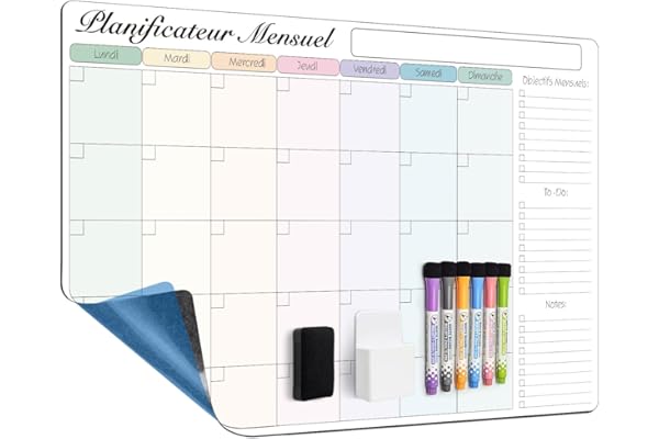 MCCORL 60x40 cm Calendrier Adhesif Tableau blanc Planning Mural, Planificateur Mensuel/Semainer effaçable parfait pour Planification des Tâches, Organiseur Hebdomadaire Repas familial - en Français