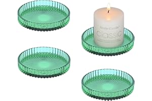 YoHyien 4 Sztuki Szklane Podstawki na Świece do Świec Filarowych 9cm, Okrągłe Świeczniki Filarowe, Przezroczyste Podstawki na Świece do Dekoracji Imprez, Wesel, Świąt Bożego Narodzenia (Zielony)