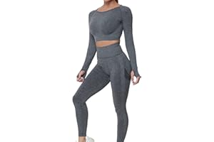 JOJOANS Gym Sets for Women 2 Piece Seamless Tracksuit Workout Yoga Outfit Loungewear Long Sleeve Crop Top High Waist Leggings