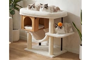 Heybly Arbre À Chat, Grande Plateforme 54 x 40 cm en Peluche, Maison en Bois, Hauteur 57.5 cm, Ses Tubes en Fer Et Base Large Procurent Bonne Stabilité, Parfait pour Chats Gras,Bois de Noyer HCT017WB