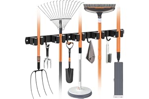 OMerima Accroche Balai Mural, Porte Balais Mural en Acier Inoxydable - 5 Supports + 4 Crochets, Support Balais Mural Sans Percer Noir, Utilisable en Cuisine, Salle de Bain, Jardin, Garage (1 Pièces)