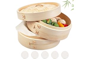 QUOTRE Parownica Bamboo 20 cm, 2 zwierzęta, bambusowy parownik do ryżu, sum, warzyw, ryb i mięsa – urządzenie do przygotowywania pierogów z 5 bawełnianymi ściereczkami