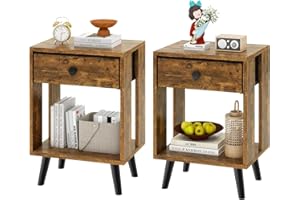 YMYNY Comodini, Set di 2, Tavolino da Notte, Tavolino Salotto, Cassetto in tessuto, Scomparto Aperto, Moderno, Struttura Semplice, per Camera da Letto, Soggiorno, Marrone Vintage HST012H-2