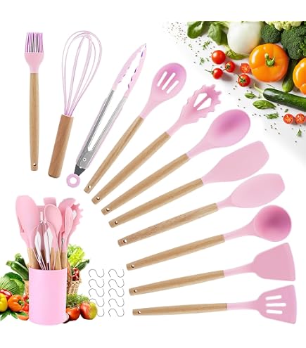 Lot De 12 Ustensiles De Cuisine En Silicone Avec Manche En Bois - Vert Clair - Résistant à La Chaleur Et Antiadhésif
