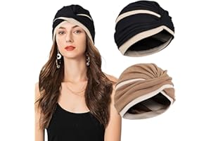 XEPST 2 Pezzi Turbante Donna, Copricapo Chemioterapia, Africano Cappello Elastico per Capelli, Cappello da Notte per Perdita di Capelli (Nero, Cachi)