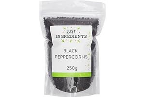 JustIngredients Black Peppercorns 250g, Organic Whole, Coarse Cracked Black Pepper for Grinder Mill, Seasoning, Spice, Fresh Pepper for Cooking
