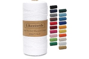 Likeecords Makramee-Schnur 2 mm x 220 Yards, farbiges Makramee-Seil, Baumwollseil, Makramee-Garn, Bunte Baumwoll-Bastelschnur zum Aufhängen, Pflanzenaufhänger, Basteln, Stricken (Reinweiß)
