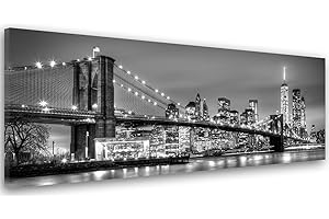 FEEBY FRAMES Feeby Impression Sur Toile Pont De Brooklyn 150x60 cm 1 pièce Tableaux Tableau Mural Moderne Design Chambre Salon Cuisine Blanc New York City City Eau Bâtiments Gratte-Ciels Architecture Avis Black
