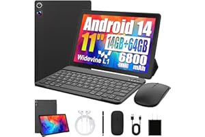 Ainmel Android 14 Tablet 11 Inch - Android Tablet with Keyboard 14GB 1TB Expand, Octa-Core Tablets 6800mAh, Widevine L1, WiFi 6, Face Unlock 2 in 1 tablet with Mouse, Case, Charger (Black)