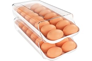 Theaoo Soporte para Huevos de Nevera - Contenedor Rodante Automático, Dispensador de Plástico Transparente, Organizador Apilable con Bandeja Interior para Refrigerador