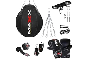 MAXX PRO BOXING GEAR MAXX Boxing Heavy Filled Wrecking Ball Punch Bag Black Set with Bracket, Mitts + Free Chain