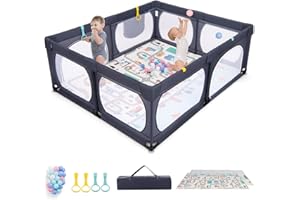 DREAMADE Parc Bébé 189x158CM en Tissu Oxford avec Tapis&Poche,Centre d'Activités Enfant avec 4 Anneaux de Traction&50 Balles&Porte Zippée,Clôture Tout-Petits 0-36Mois avec Sac de Transport(Gris Foncé)
