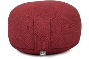 Bodhi Meditationskissen RONDO | Abnehmbarer Bezug aus 100% Baumwolle | Bio-Dinkelfüllung | Höhe 14-20 cm | Praktische Trageschlaufe | Maharaja Collection (MAYURI/dunkelrot)