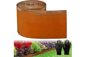 LOEPENLE Bordure de pelouse en métal - 10 m x 15,5 cm de haut - En acier Corten - Aspect rouille - Bordure de parterre pour bricolage - Avec 1 paire de gants - Bordure de pelouse en métal galvanisé pour jardin