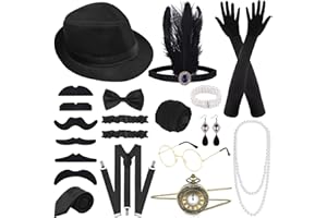 ELECLAND 19-częściowy zestaw akcesoriów do kostiumów dla kobiet i mężczyzn z lat 20. XX wieku, kostium gangsterski, kapelusz, muszka, zegarek kieszonkowy, szelki, okulary, broda, podwiązki, zegarek kieszonkowy