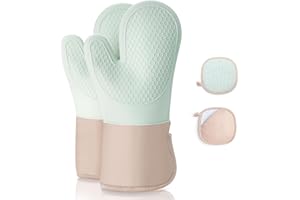 Romon Manoplas Horno, Juego de 2 Guantes Horno y 2 Soportes para Ollas, Resistentes al Calor de 350°C, Antideslizantes Guantes para Hornear Silicona y Algodón, Guantes para Cocinar Barbacoa, Verde