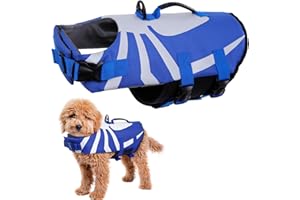 PUMYPOREITY Giubbotto Salvagente per Cani, Giacca di Salvataggio Protettivo Gilet Salvagente con Fissaggio Regolabile e Manico per Cani di Taglia Piccola Media e Grande(Blu, S)