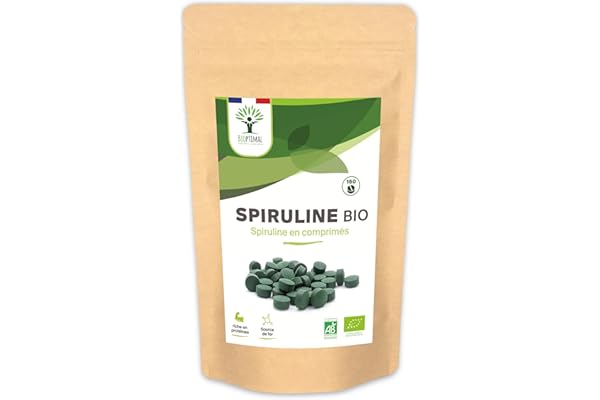 Spiruline Bio - Bioptimal - Complément alimentaire - BCAA Fer Vitamine A - 65% de Protéine - 17% de Phycocyanine - 500 mg/comprimé - Conditionnée en France - Certification Ecocert - 150 comprimés