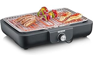 SEVERIN Barbecue Électrique 2 300 W avec Grille Inox, Barbecue de Table avec Surface de Cuisson de 37 x 29 cm, Gril de Table avec Bac à Eau pour Utilisation en Intérieur et Extérieur