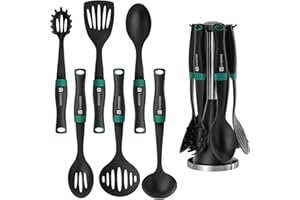 Linoroso Ustensiles de Cuisine 6 Pièces Nylon Anti-adhérent Accessoire Cuisine Set Comprend une Spatule Louche Cuillère à Pâtes avec Support Pivotant et Poignée Lestée Innovante - Noir et Vert Paon