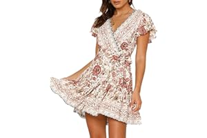 ABYOVRT Mujer Vestido Bohemio Corto Florales Nacional Verano Vestido Casual Magas Cortas Chic de Noche Playa Vacaciones