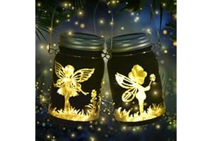 Pagezol 2 Pack Mason Jar Lights Solar Powered, Solar Fairy Jars Lights Outdoor Garden, Garden Ornaments Lights Waterproof, Hanging Solar Lights for Halloween Christmas Fairy Garden Accessories, Black