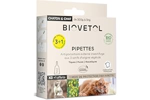 BIOVETOL - Pipettes Antiparasitaires Chat - Antiparasitaire Bio Certifié Ecocert - Anti-puces, Anti-Tiques - Chat et Chaton (3 Pipette + 1 Offerte)