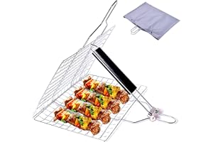 Holzsammlung Cestino da Barbecue in Acciaio Inox, Barbecue Cestello con Maniglia di Legno Grande Antiaderente Portatile Griglia per Barbecue, Perfetto per Pesce, Verdure, Carne, Salsicce, 32 x 22 cm