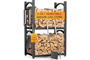 HFHOME Log Store Indoors 2-IN-1 Firewood Log Rack, 2 Tier Wood Storage for Fireplace with Log Burner Accessories, Outdoor Metal Firewood Log Holder 78 x 46 x 32 cm