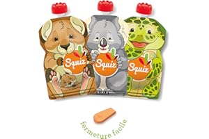 SQUIZ - FABRICATION SUISSE - Lot de 3 Gourdes Rechargeables et Réutilisables 130ml Sans BPA + Squiz’zip - Pour Compotes, Purées et Smoothies - Pour Bébé, Enfant et Adulte - Collection AUSTRALIE